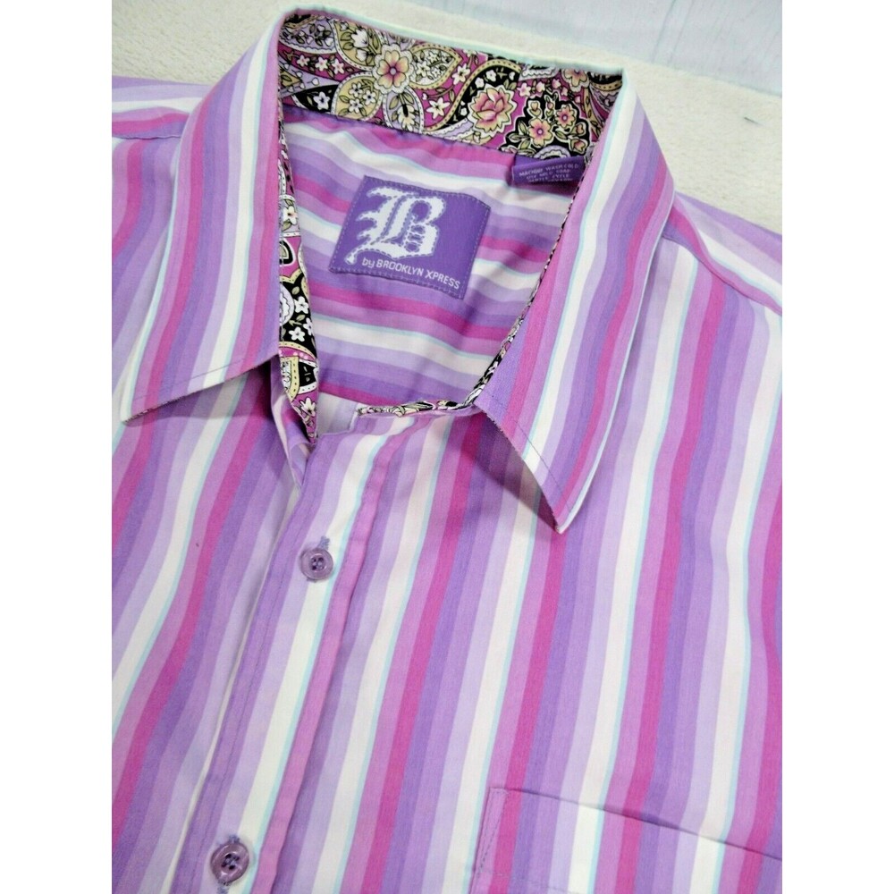 Brooklyn Express Men's XXXL 3XL Button Down Flip Cuff Striped Shirt Purple White